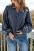 Lantern Sleeve Snap Button Placket Washed Pullover Casual Round Neck Sweatshirt